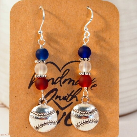Baseball Earrings Red White Blue Earrings Sea Glass Dangle Pierced Earrings - Picture 6 of 9